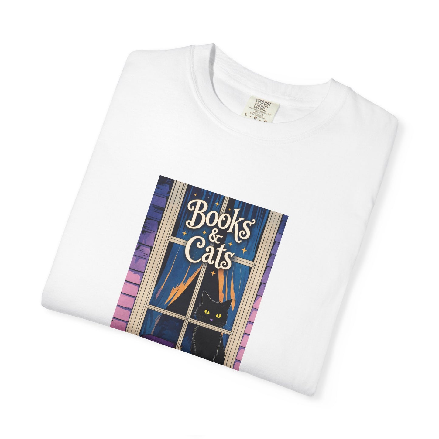 "Books & Cats" T-Shirt — Cozy Bookshop Window Graphic Tee