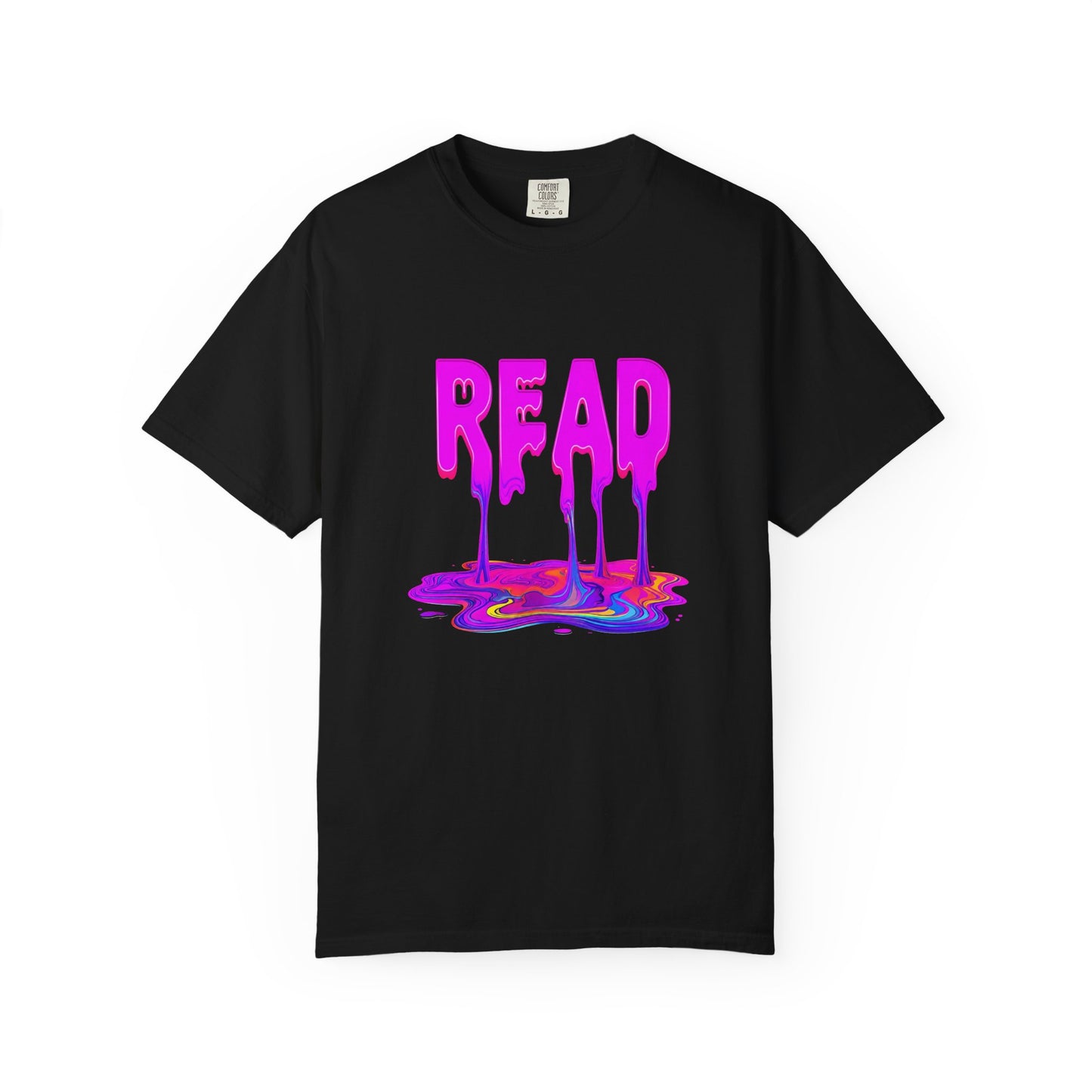 "READ" Dripping Graphic T-Shirt — Psychedelic Melting Book Design