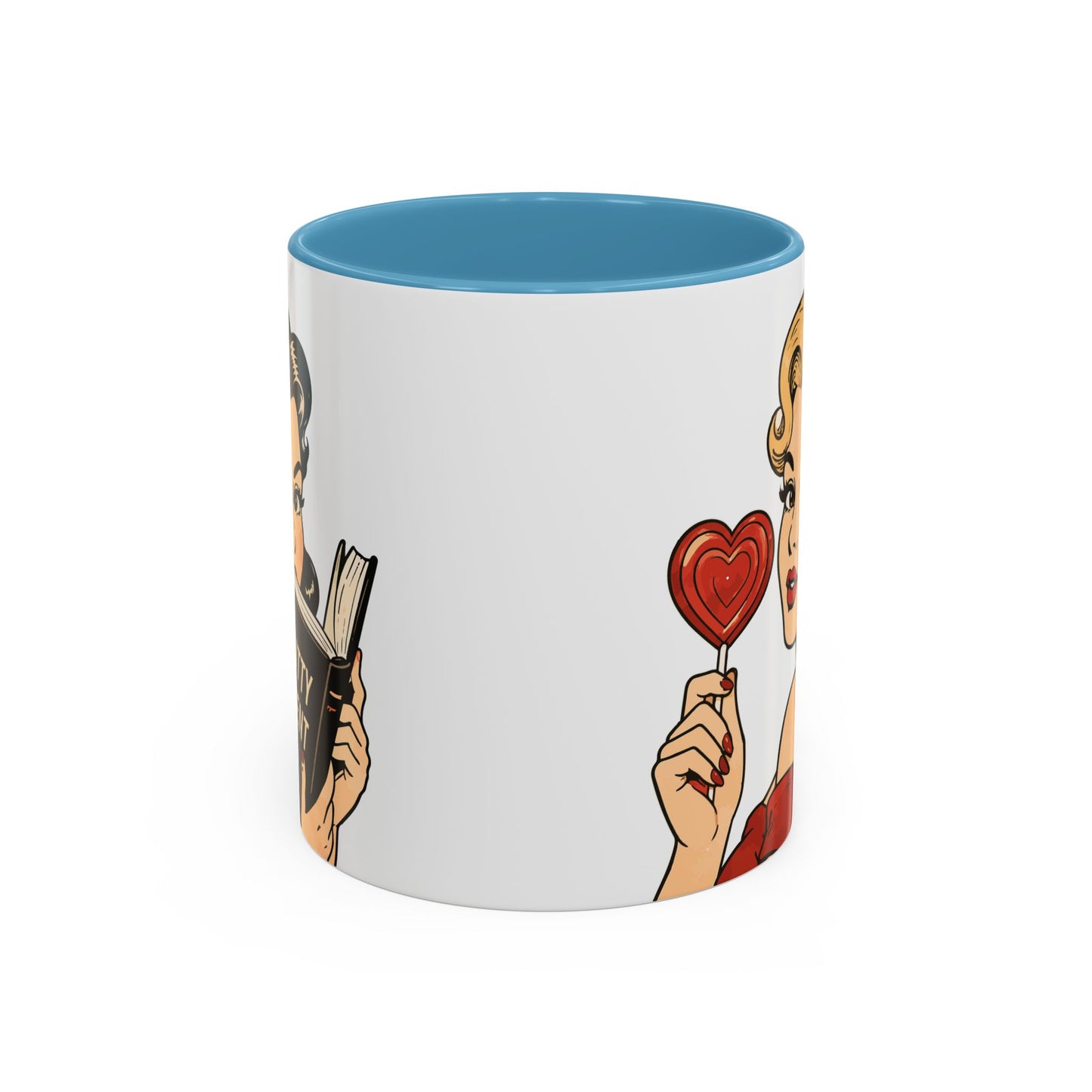 Retro Pin-Up Coffee Mug — Vintage Pop Art Woman with Heart Lollipop (11oz)