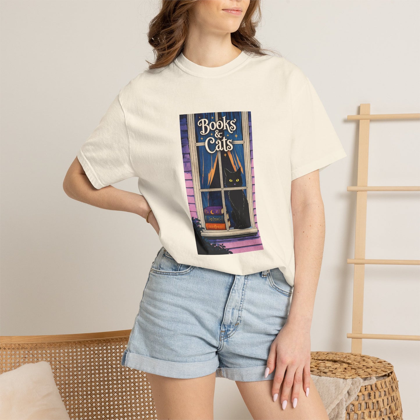 "Books & Cats" T-Shirt — Cozy Bookshop Window Graphic Tee