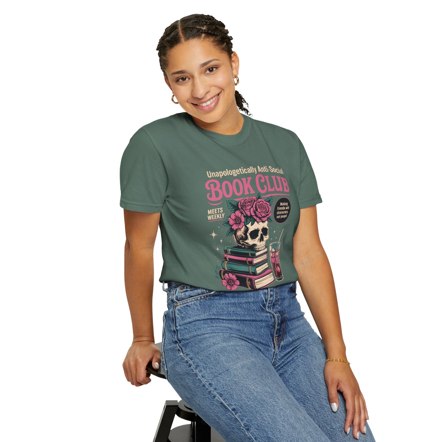 "Unapologetically Anti-Social Book Club" T-Shirt — Skull & Books Graphic Tee for Avid Readers
