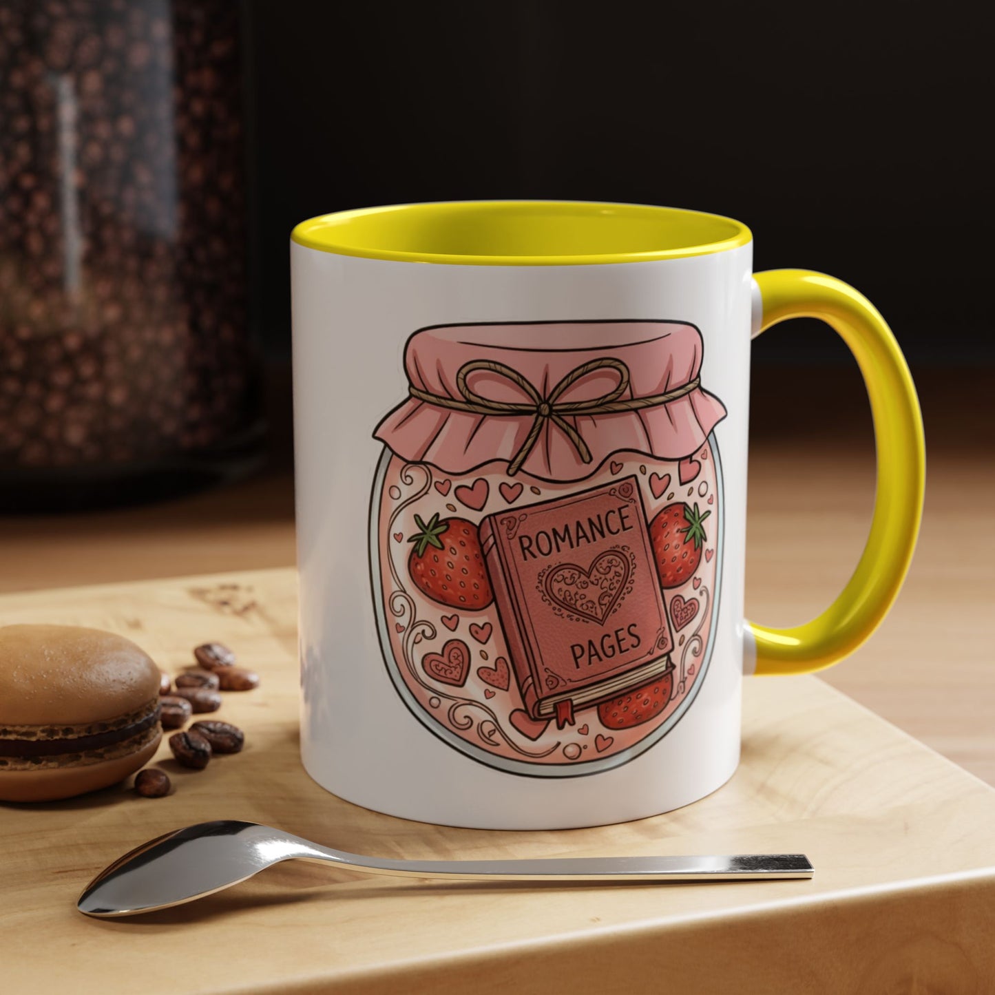 "Romance Pages" Jam Jar Coffee Mug — Cute Strawberry Jam Romance Readers Mug (11/15oz)