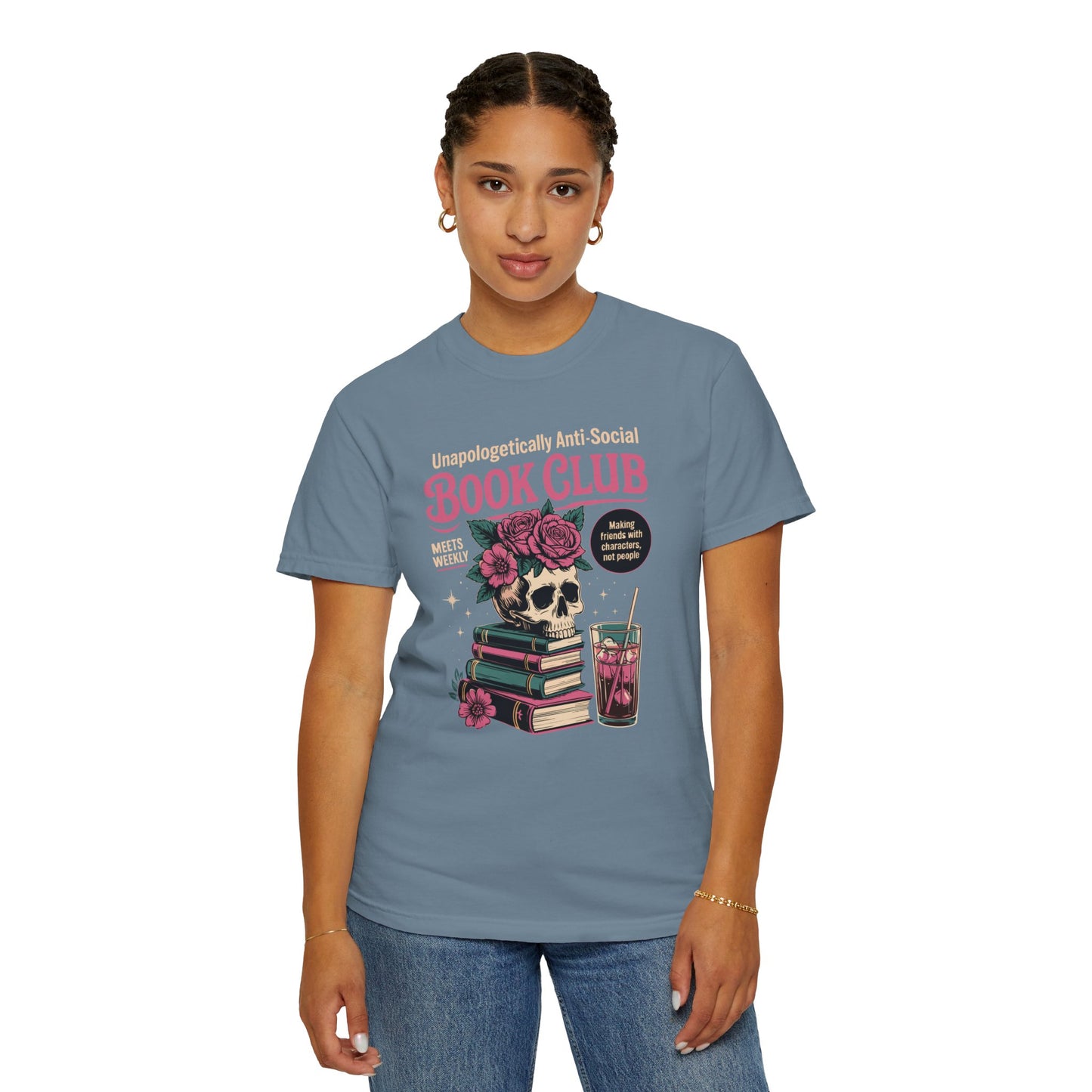 "Unapologetically Anti-Social Book Club" T-Shirt — Skull & Books Graphic Tee for Avid Readers