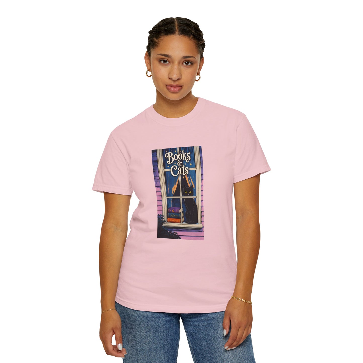 "Books & Cats" T-Shirt — Cozy Bookshop Window Graphic Tee