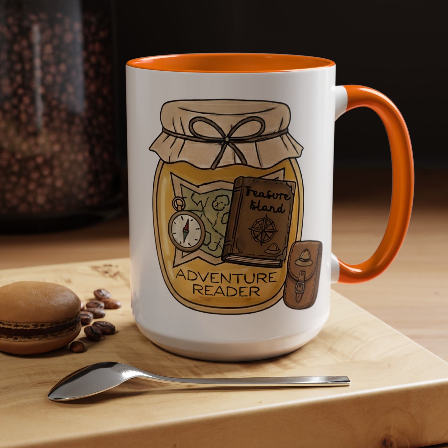 "Adventure Reader" Accent Coffee Mug — Bookish Travel Compass & Treasure Jam Jar Design