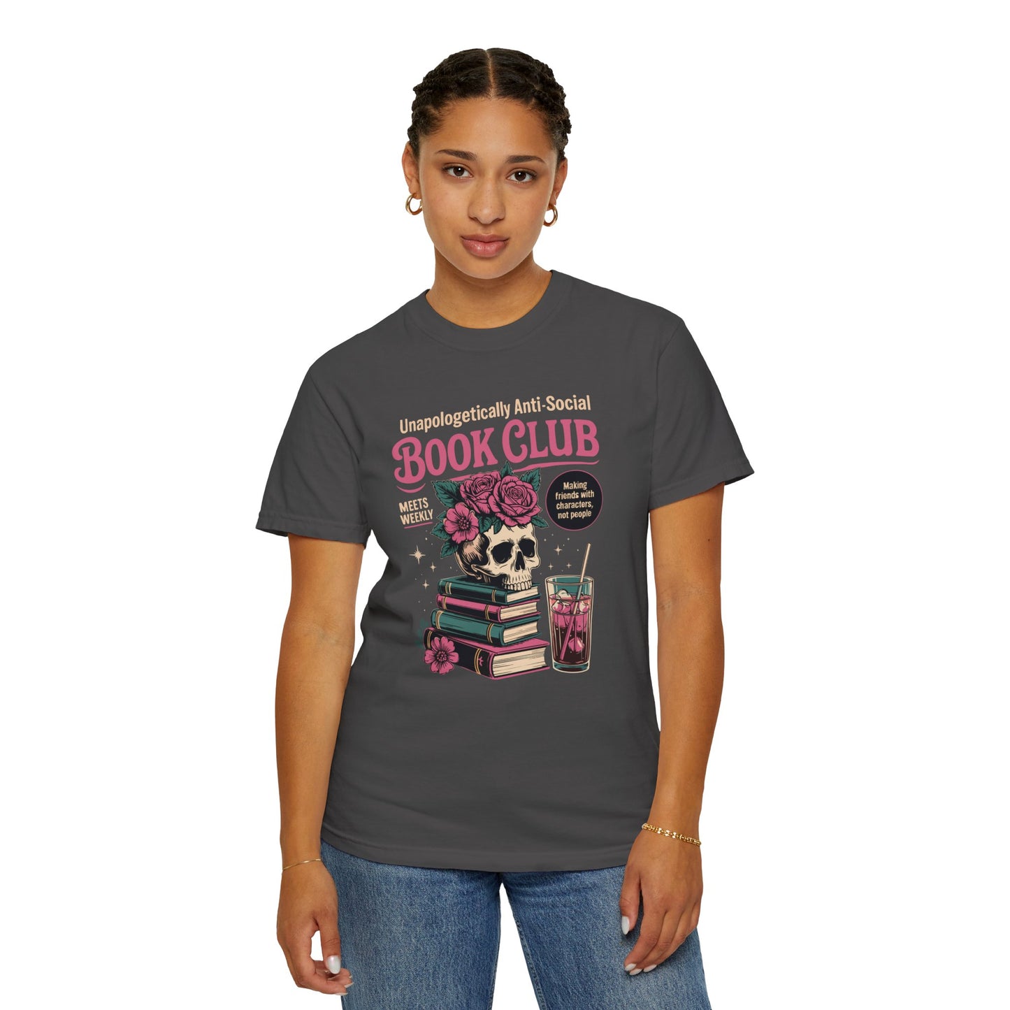 "Unapologetically Anti-Social Book Club" T-Shirt — Skull & Books Graphic Tee for Avid Readers