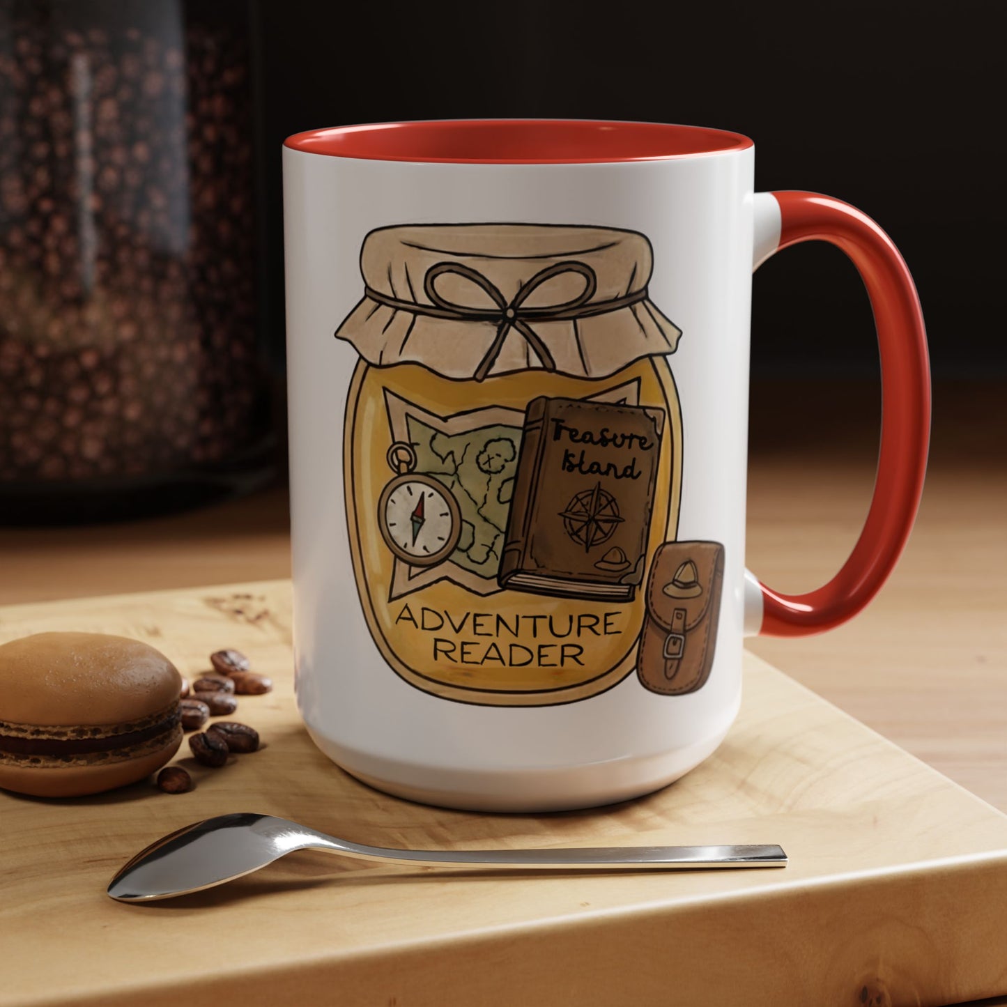 "Adventure Reader" Accent Coffee Mug — Bookish Travel Compass & Treasure Jam Jar Design