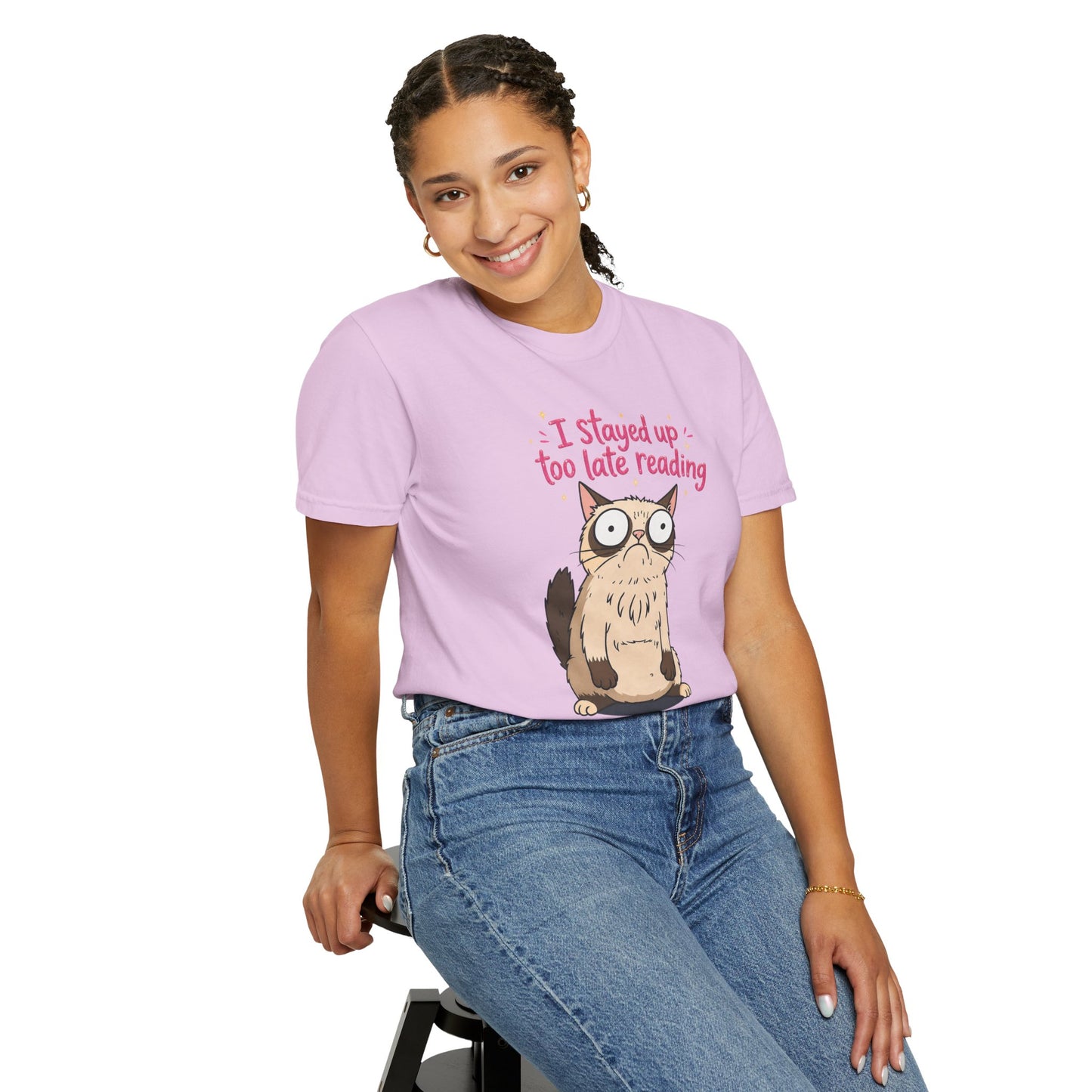 "I Stayed Up Too Late Reading" Cat T-Shirt — Cute Book Lover Graphic Tee