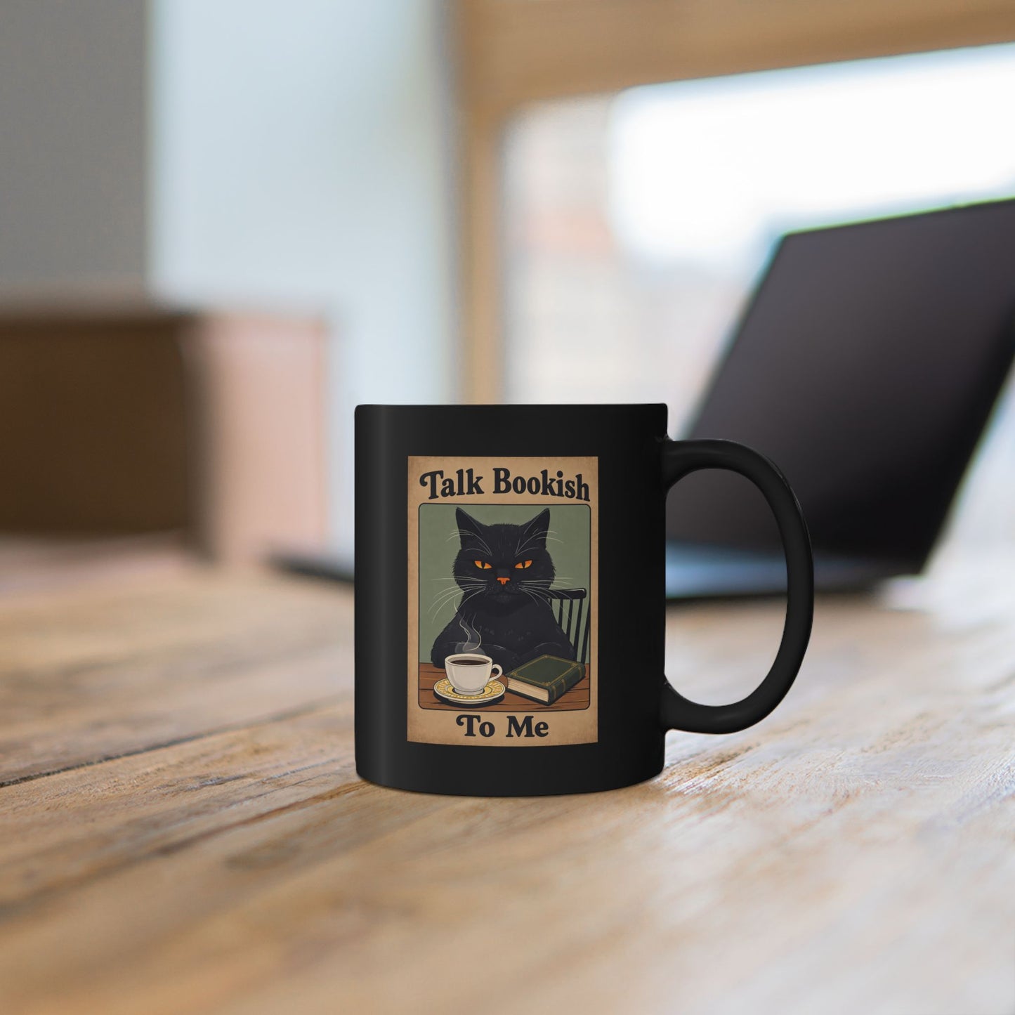 Bookish Cat Coffee Mug — “Talk Bookish To Me” Black Ceramic Mug