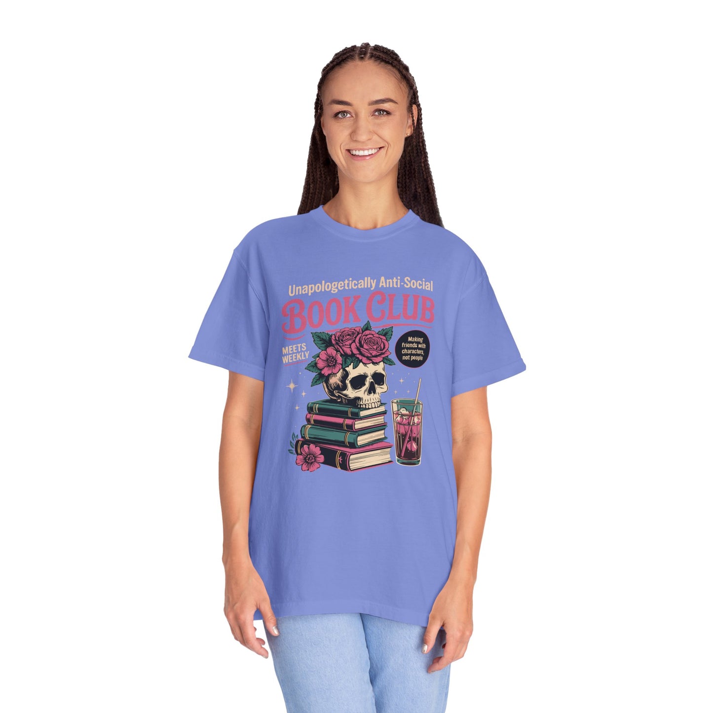 "Unapologetically Anti-Social Book Club" T-Shirt — Skull & Books Graphic Tee for Avid Readers