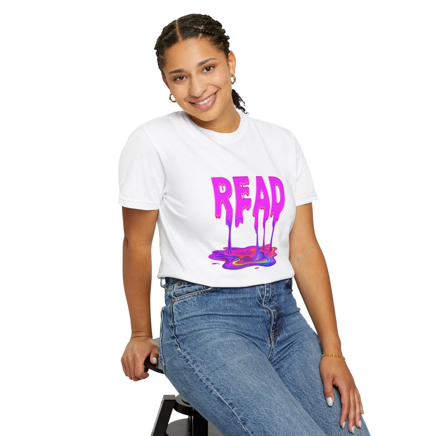 "READ" Dripping Graphic T-Shirt — Psychedelic Melting Book Design