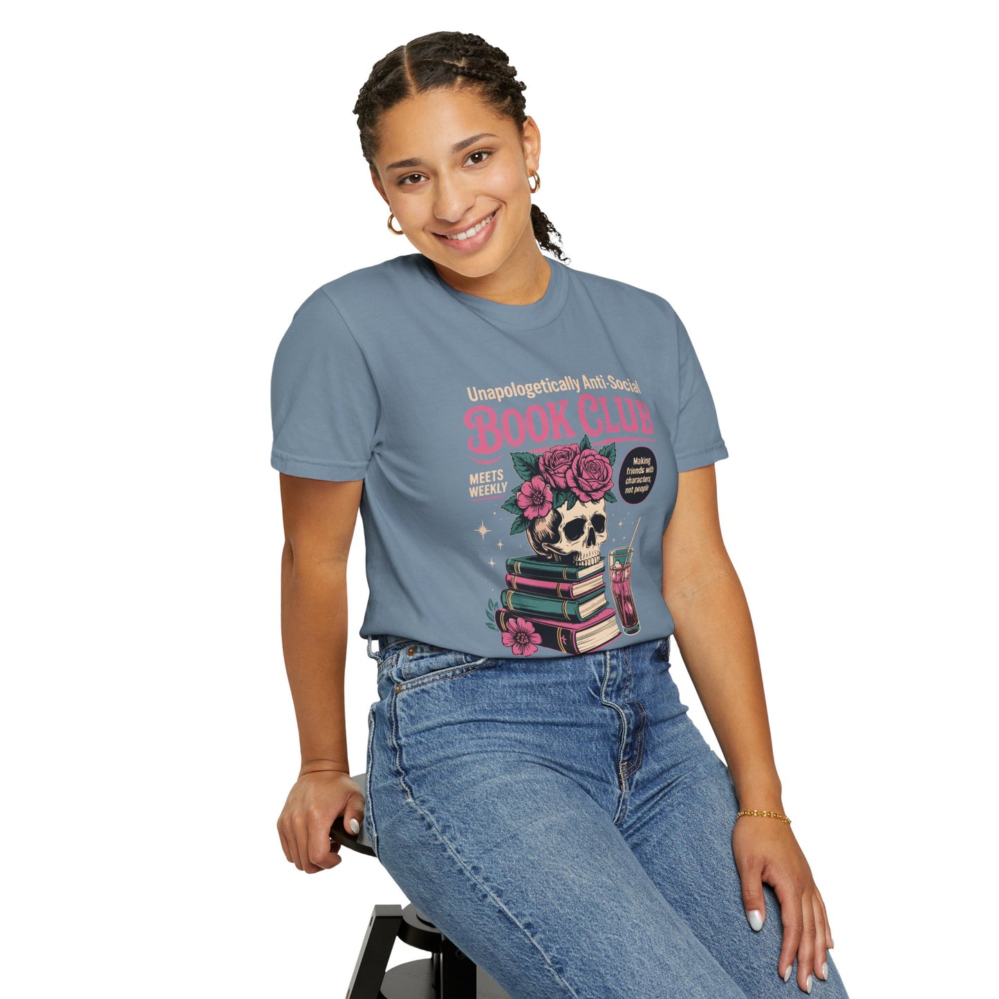 "Unapologetically Anti-Social Book Club" T-Shirt — Skull & Books Graphic Tee for Avid Readers
