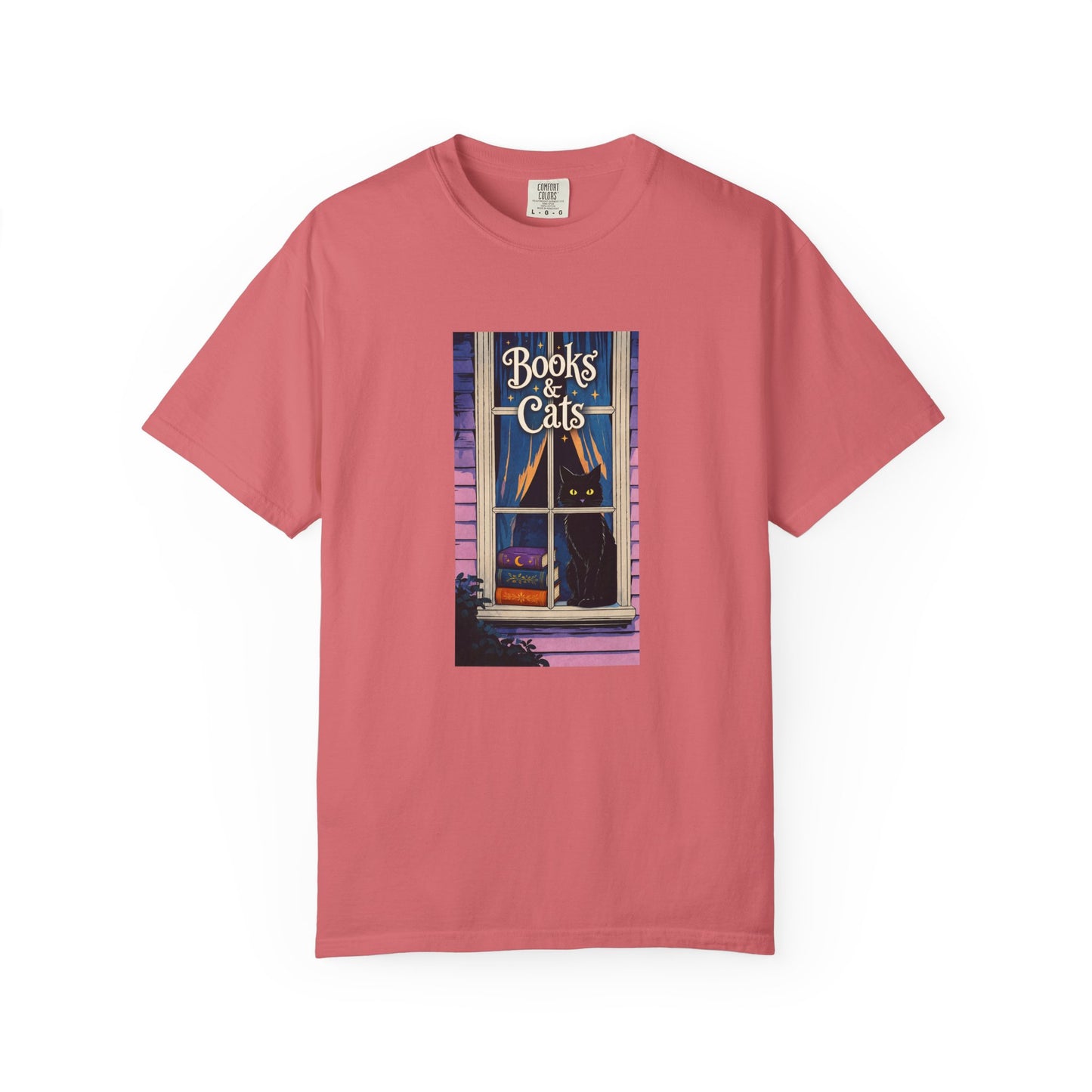"Books & Cats" T-Shirt — Cozy Bookshop Window Graphic Tee