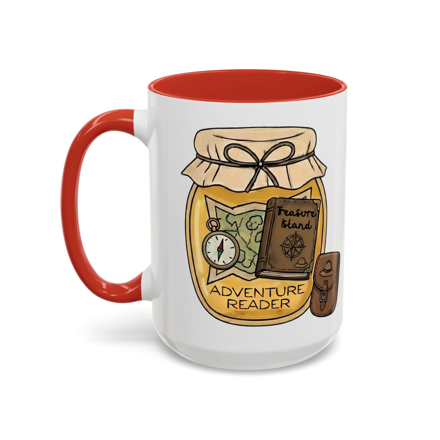 "Adventure Reader" Accent Coffee Mug — Bookish Travel Compass & Treasure Jam Jar Design