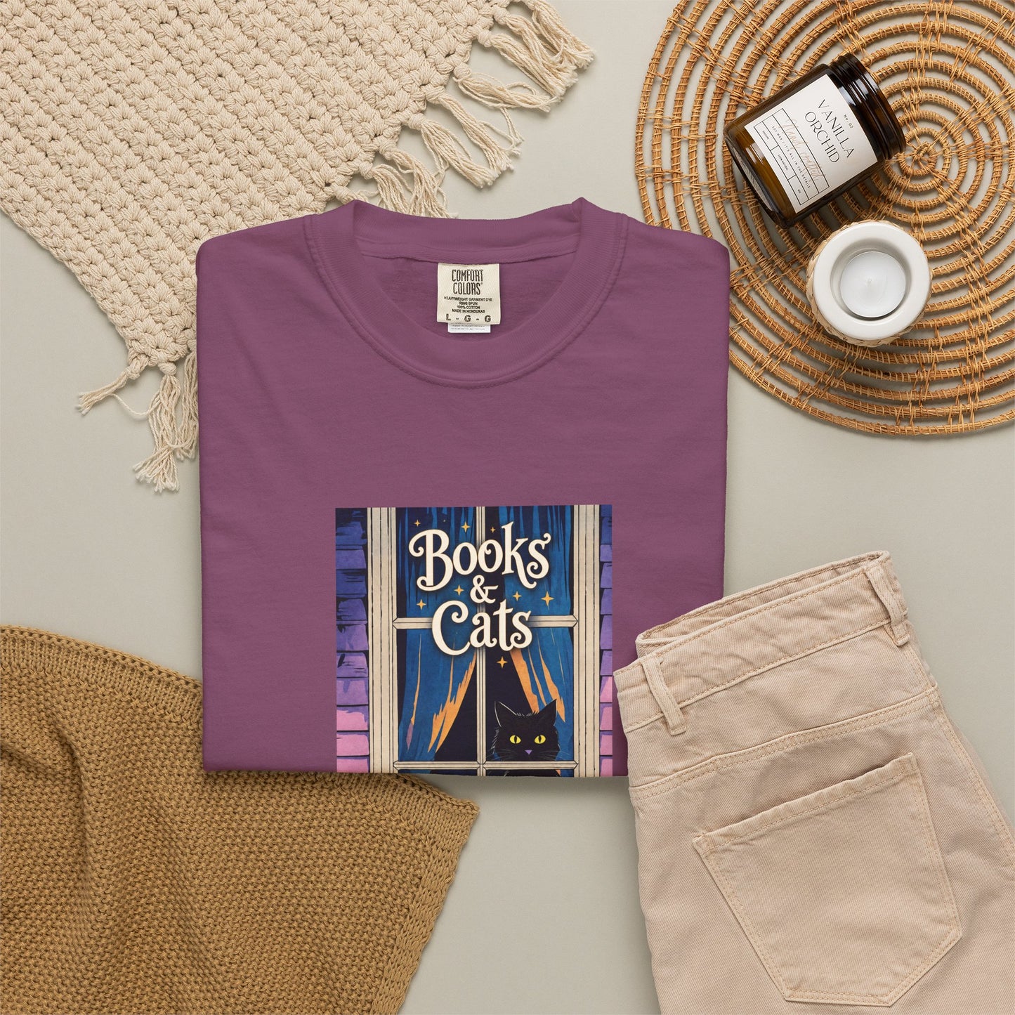 "Books & Cats" T-Shirt — Cozy Bookshop Window Graphic Tee
