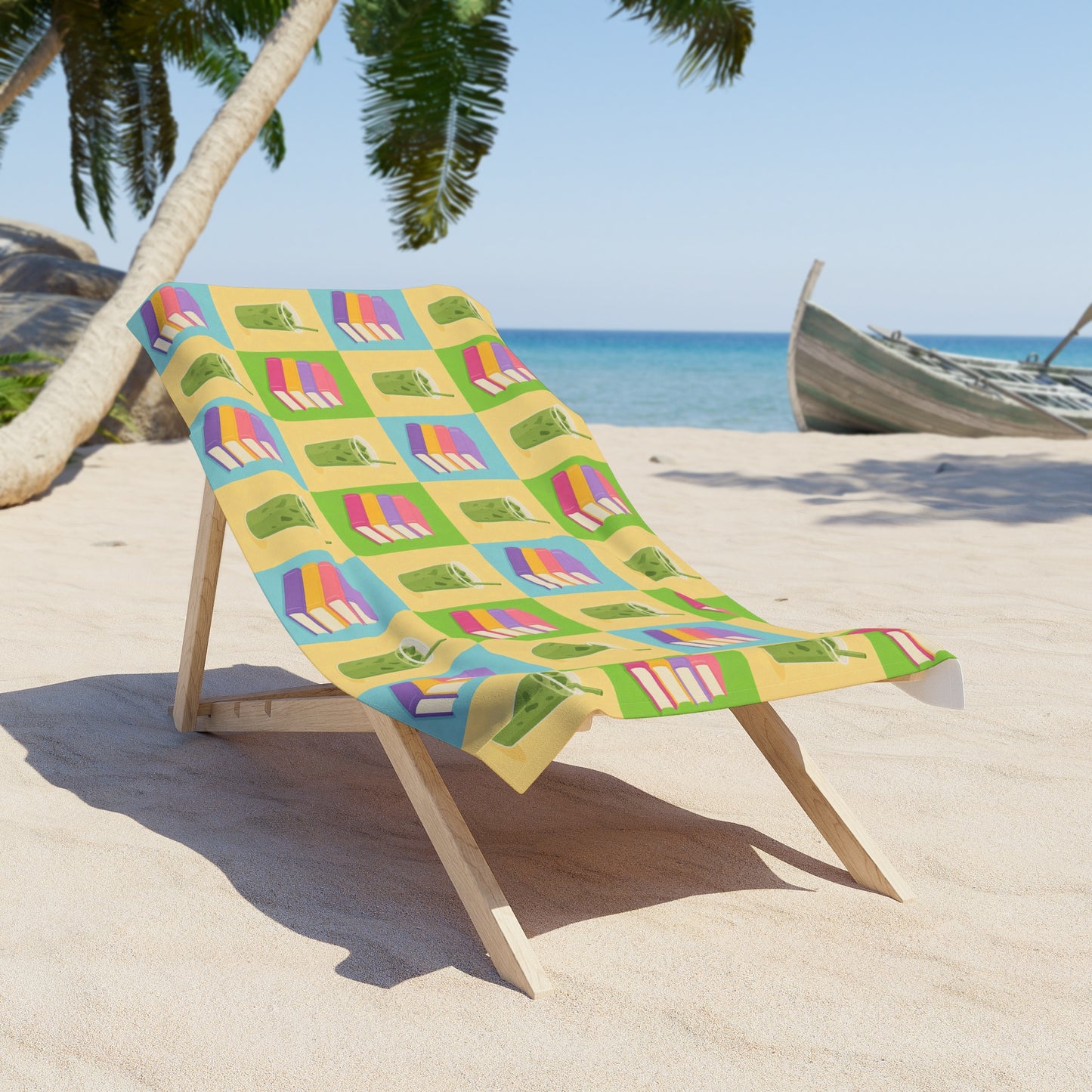 Beach Towel — Colourful Summer Books & Iced Matcha Pattern