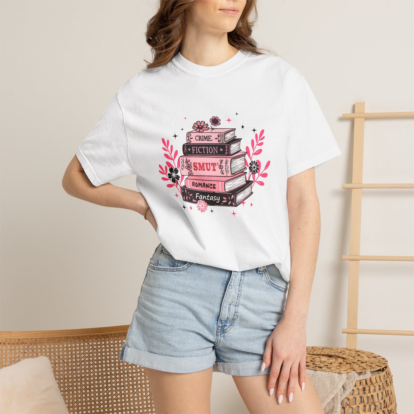 Book Stack Graphic T-Shirt — Cute Floral Reading Shirt (Crime, Fiction, Smut, Romance)