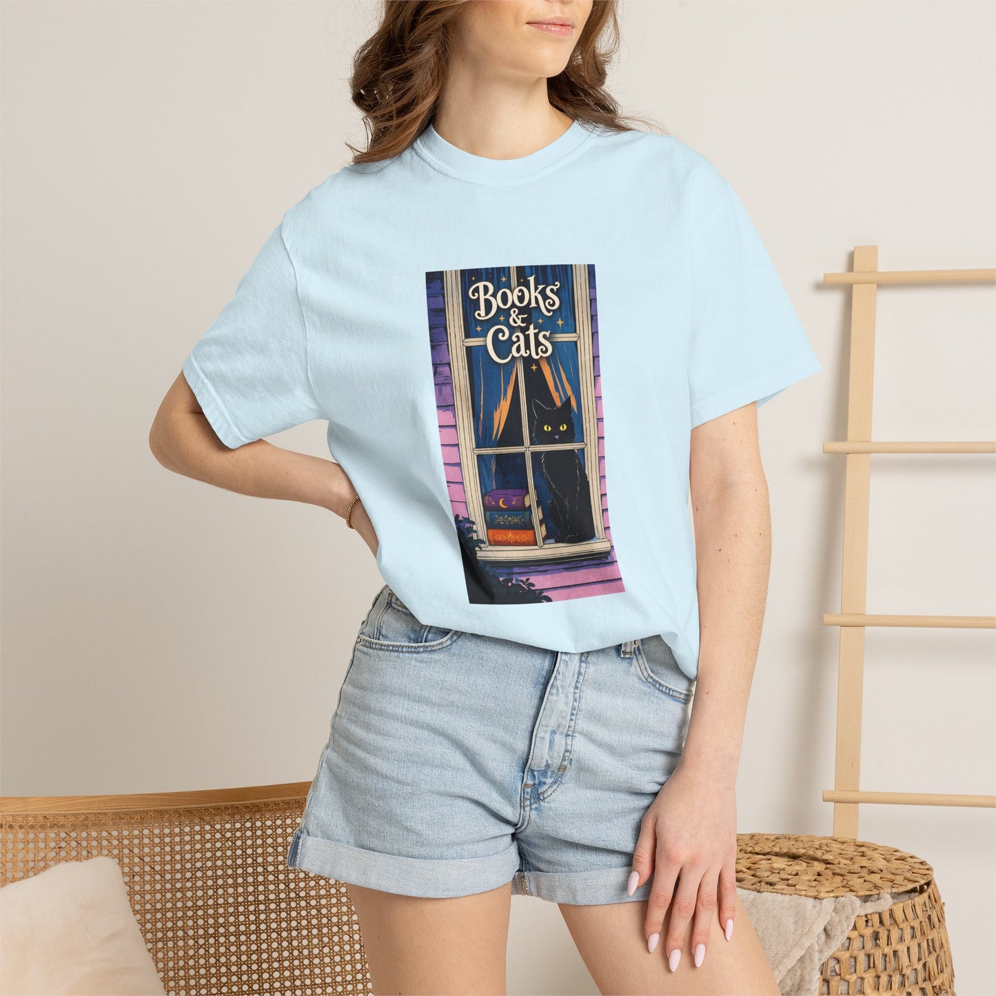 "Books & Cats" T-Shirt — Cozy Bookshop Window Graphic Tee