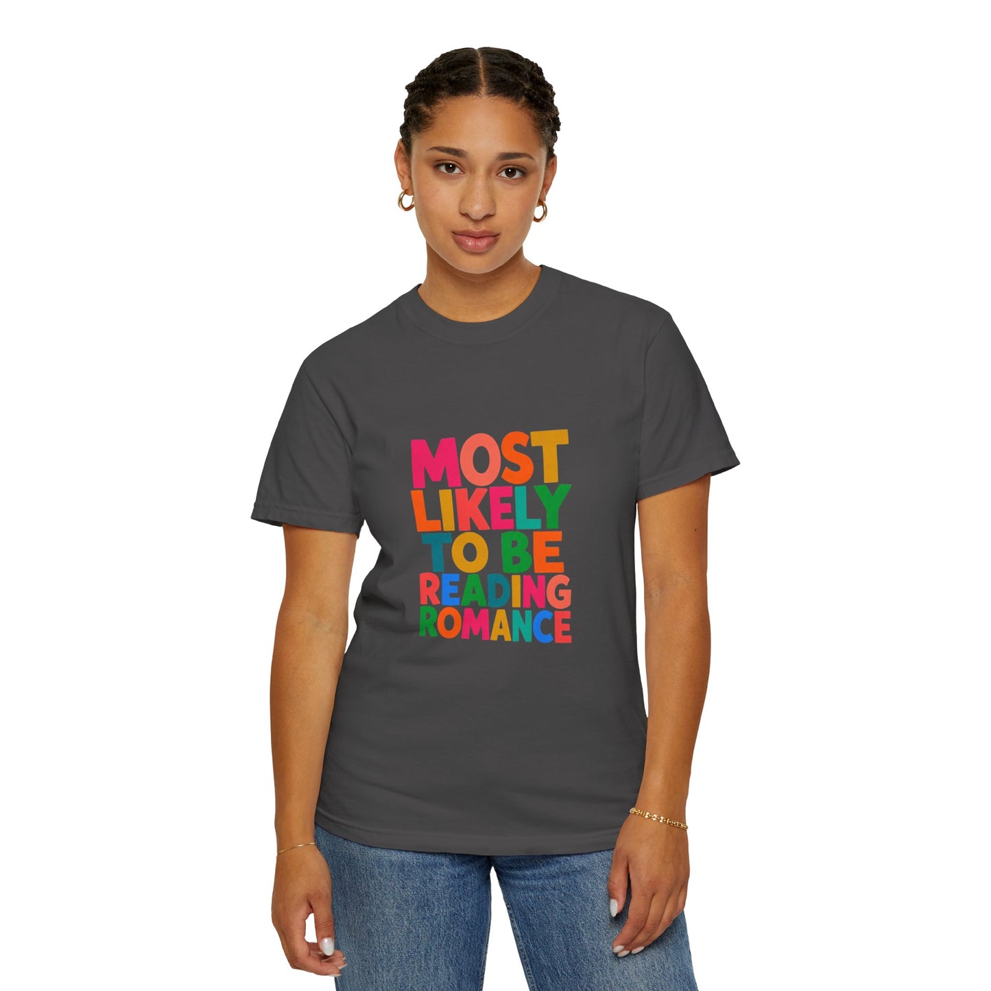 "Most Likely to Be Reading Romance" Colourful Book Lover Tee