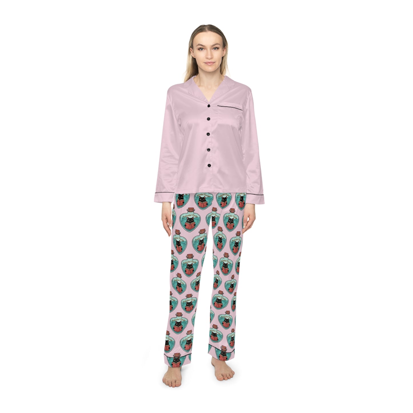 Women's Satin Pajama Set — Pink Sleep Top with Custom All-Over Patterned Pants (Cute Face Print)