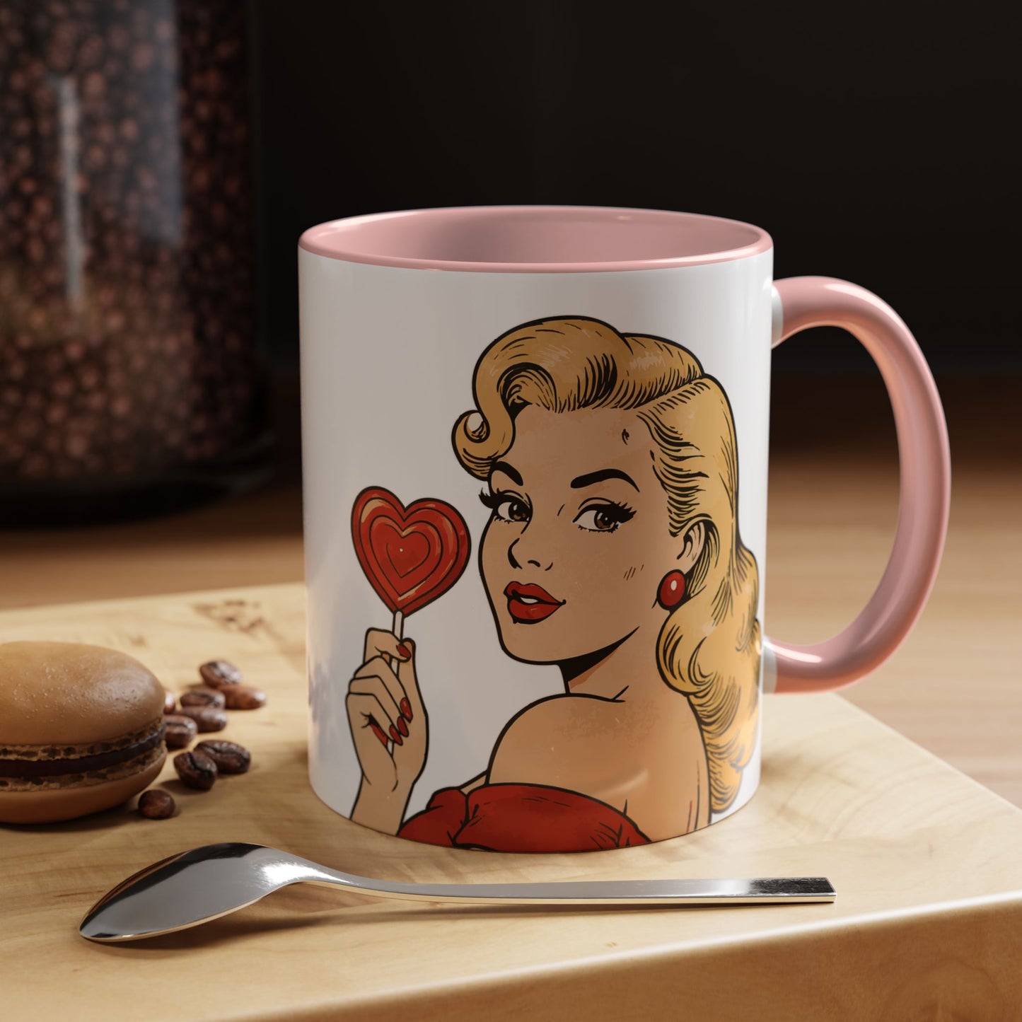 Retro Pin-Up Coffee Mug — Vintage Pop Art Woman with Heart Lollipop (11oz)