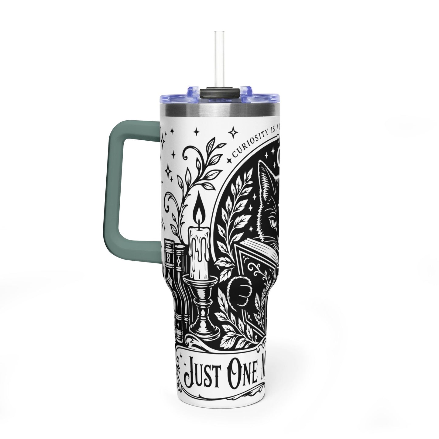 40oz Vacuum Tumbler — Black Cat "Just One More Chapter" Bookish Travel Mug