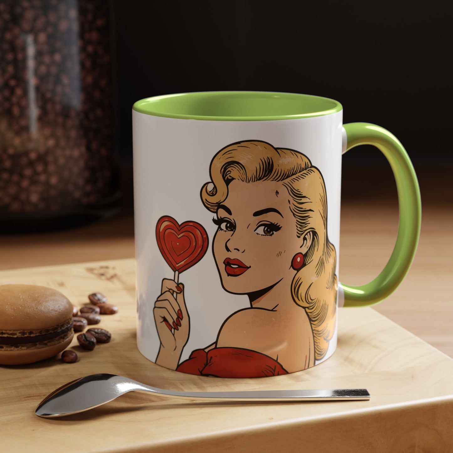 Retro Pin-Up Coffee Mug — Vintage Pop Art Woman with Heart Lollipop (11oz)