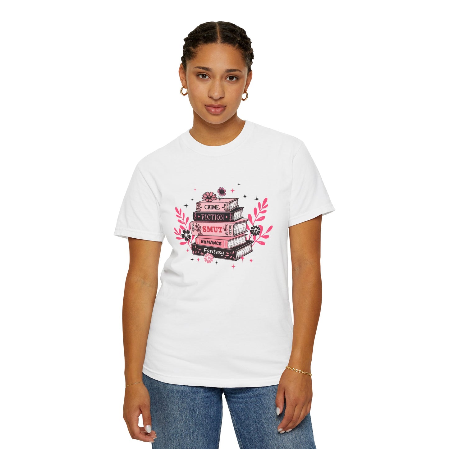 Book Stack Graphic T-Shirt — Cute Floral Reading Shirt (Crime, Fiction, Smut, Romance)