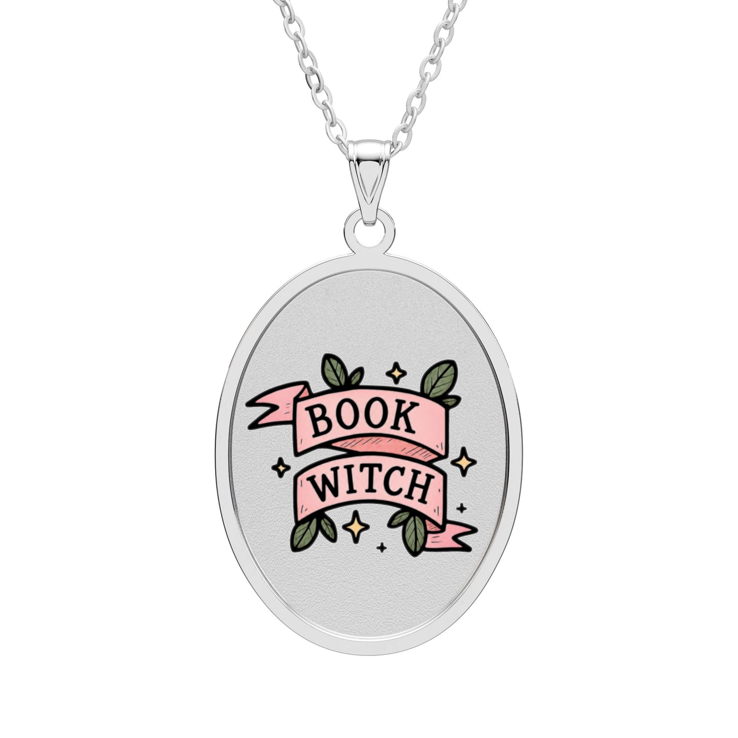 "Book Witch" Oval Pendant Necklace — Literary Witchcraft Charm