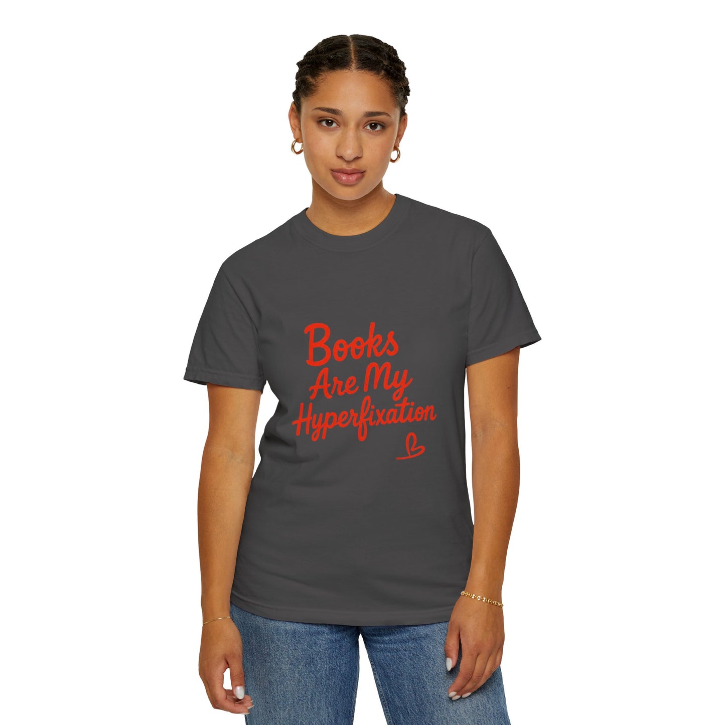 Books Are My Hyperfixation T-Shirt — Cute Red Script Reading Tee for Book Lovers