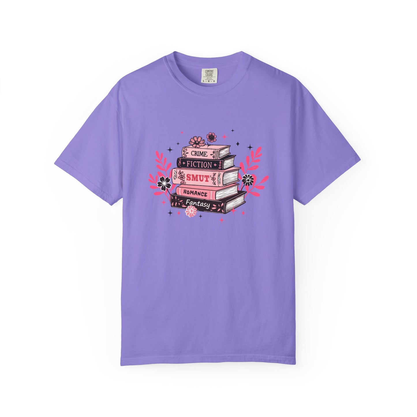 Book Stack Graphic T-Shirt — Cute Floral Reading Shirt (Crime, Fiction, Smut, Romance)