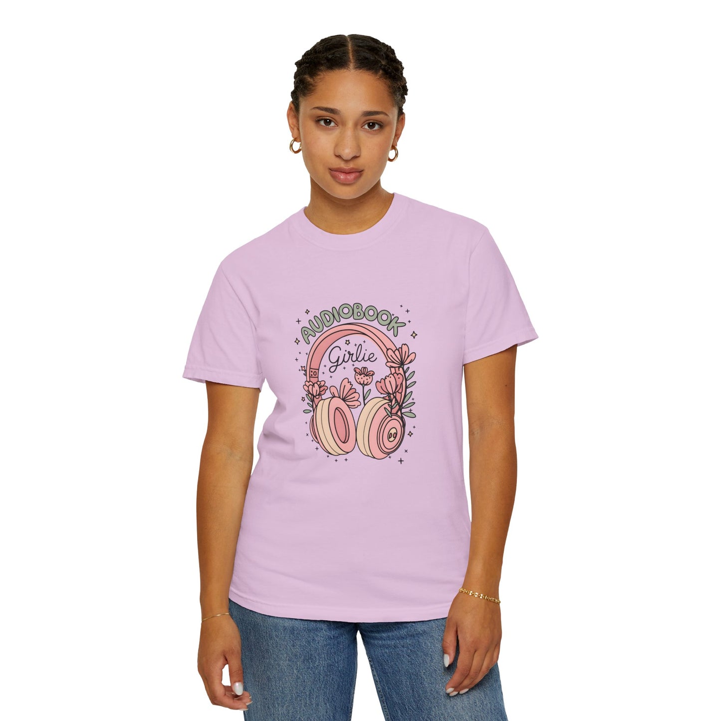 "Audiobook Girlie" T-Shirt — Floral Headphones Graphic Tee