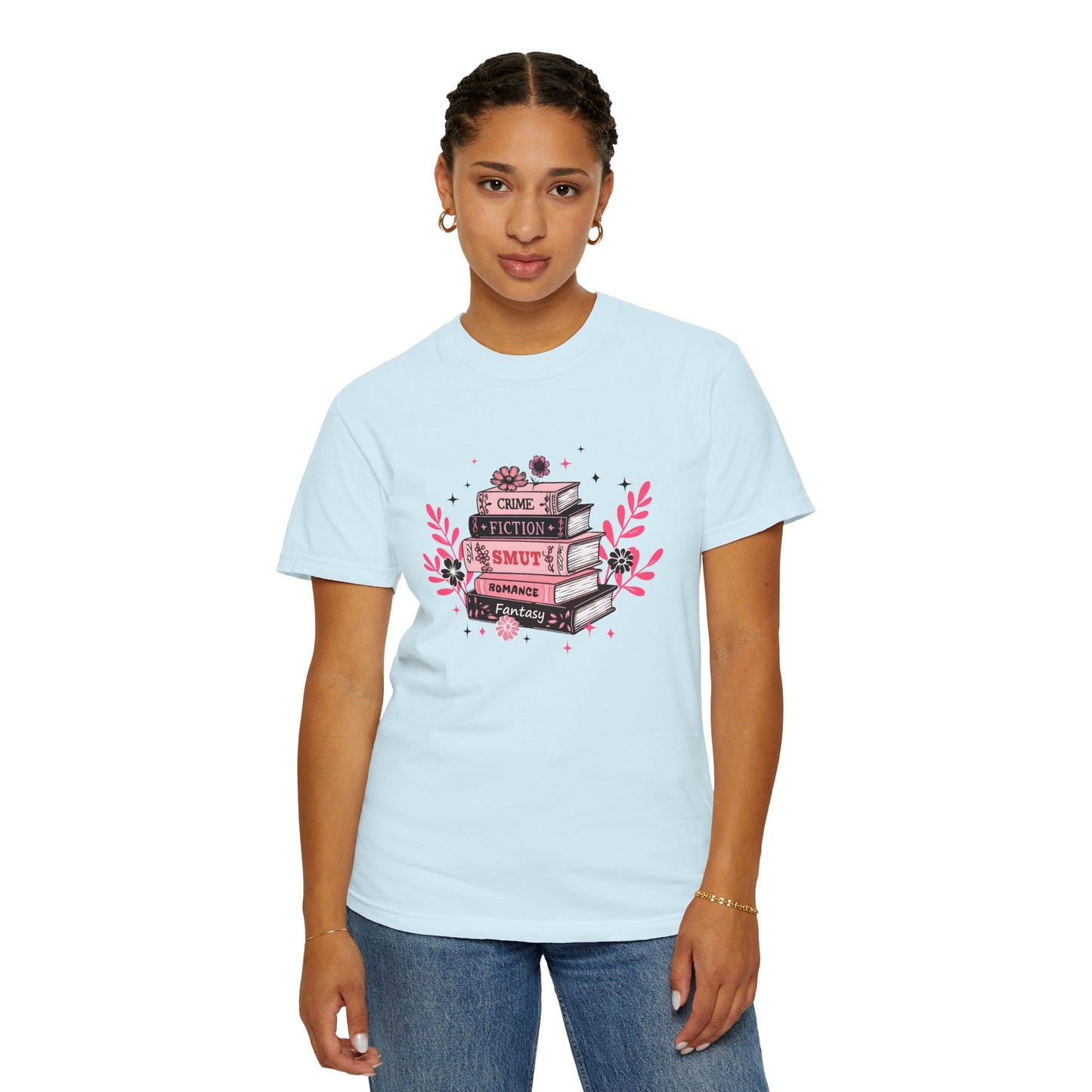 Book Stack Graphic T-Shirt — Cute Floral Reading Shirt (Crime, Fiction, Smut, Romance)