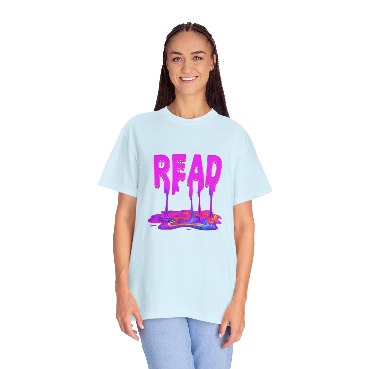"READ" Dripping Graphic T-Shirt — Psychedelic Melting Book Design