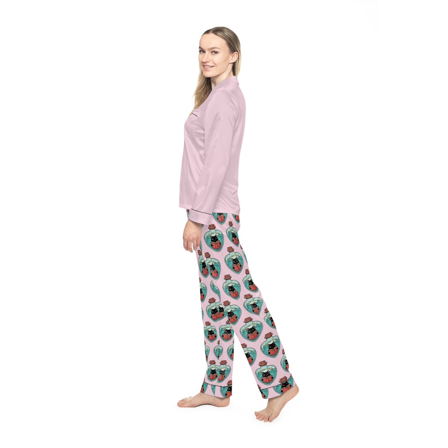 Women's Satin Pajama Set — Pink Sleep Top with Custom All-Over Patterned Pants (Cute Face Print)