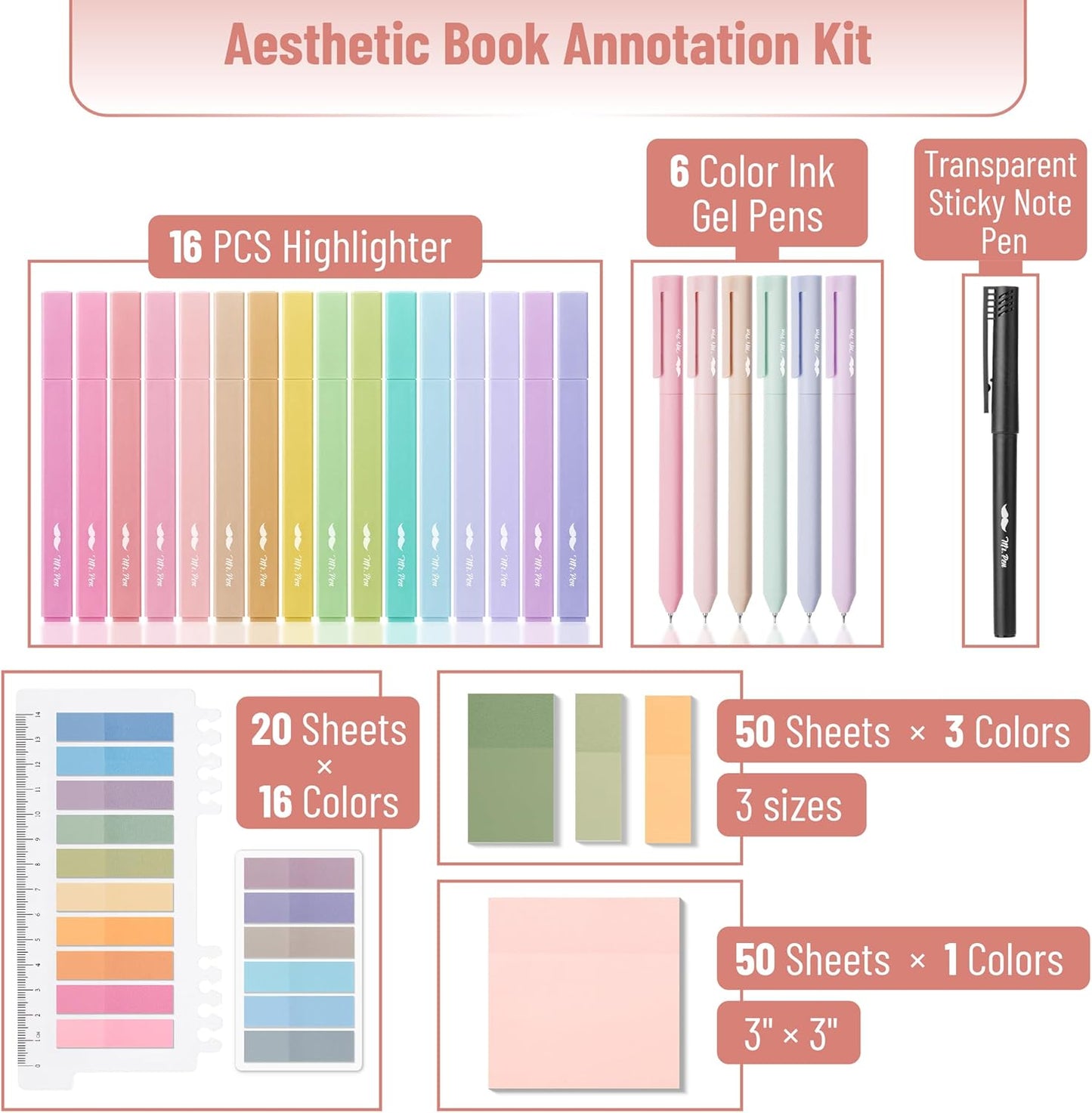 Mr. Pen- Aesthetic Book Annotation Kit, Aesthetic Highlighters and Gel Pens, Transparent Sticky Notes, Transparent Sticky Tabs for Books, No Bleed Highlighters for Bible Pages No Bleed