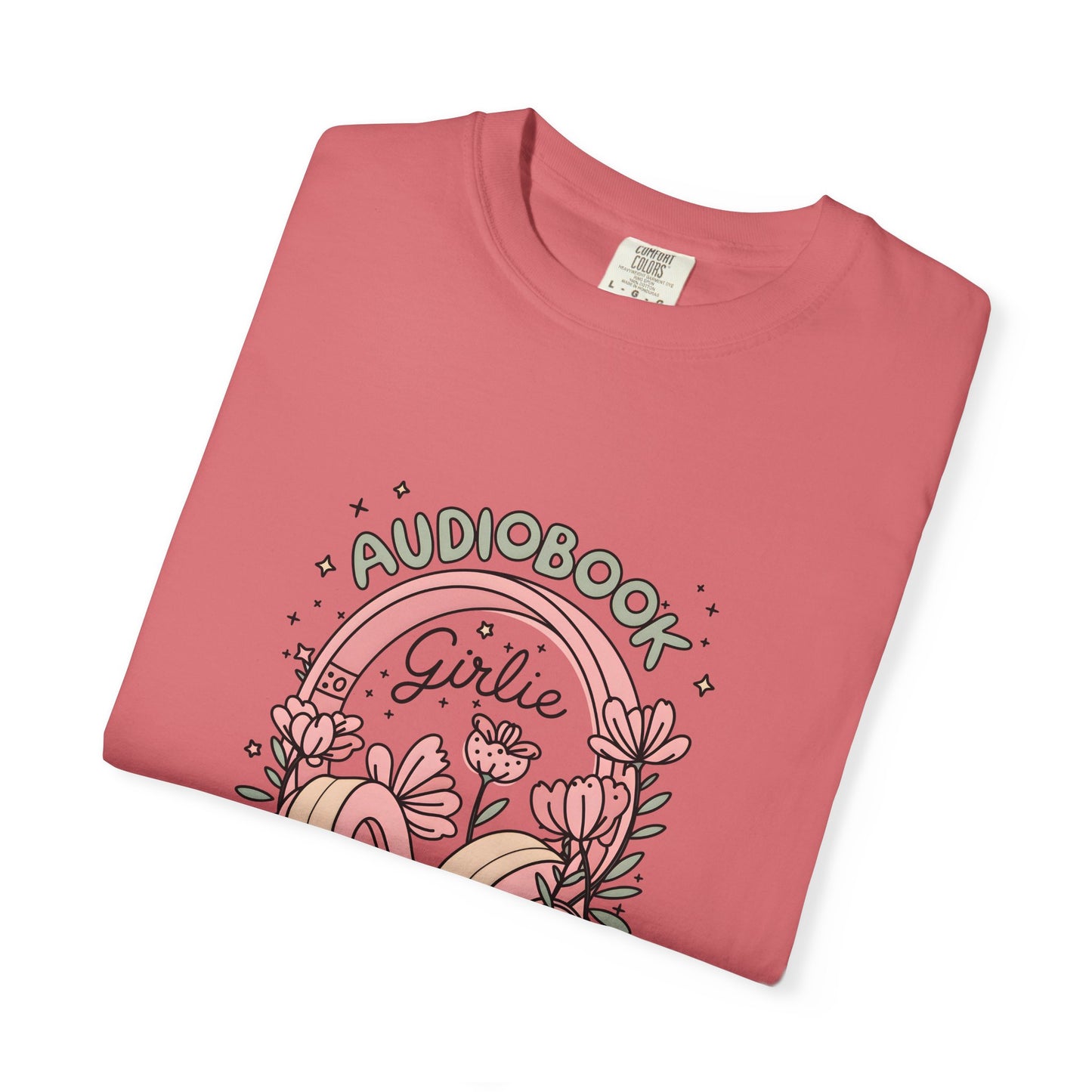 "Audiobook Girlie" T-Shirt — Floral Headphones Graphic Tee