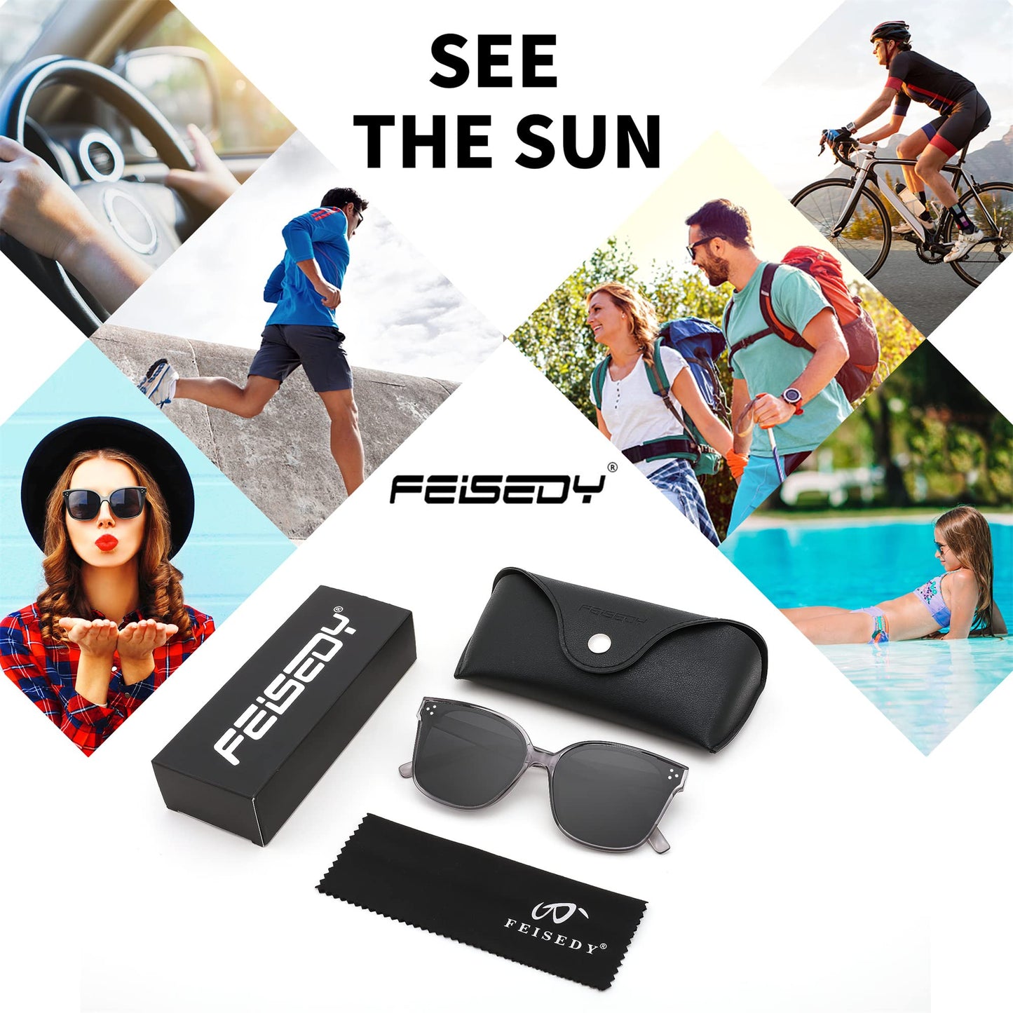 FEISEDY Lunettes de soleil polarisées carrées surdimensionnées rétro pour femmes et hommes, style minimaliste B2600