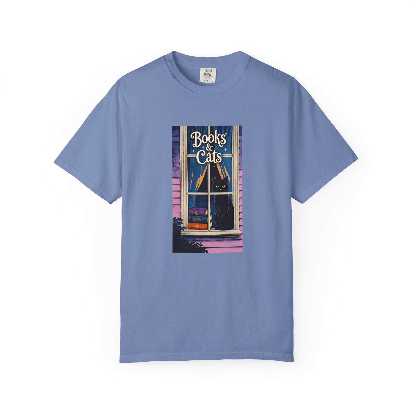 "Books & Cats" T-Shirt — Cozy Bookshop Window Graphic Tee