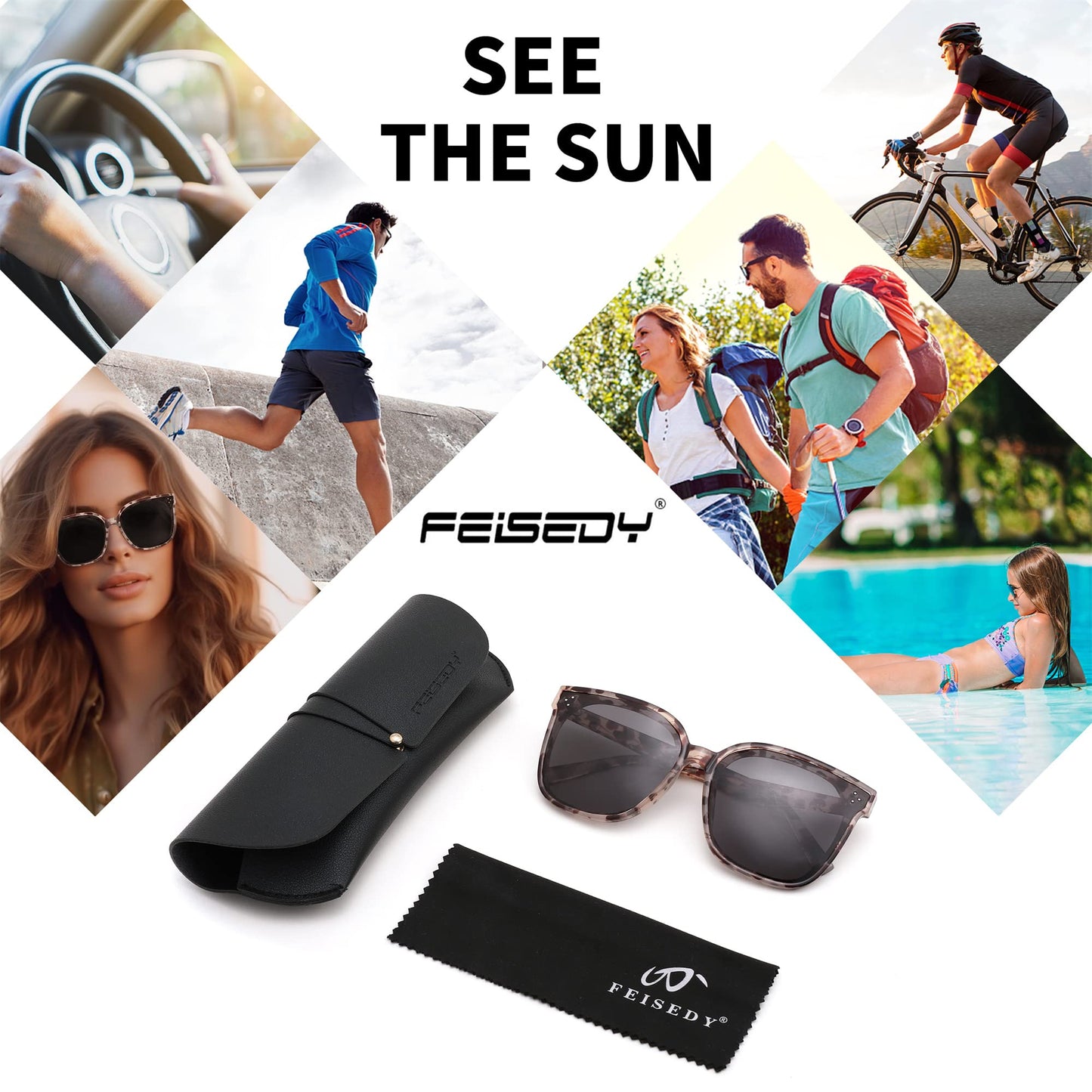 FEISEDY Lunettes de soleil polarisées carrées surdimensionnées rétro pour femmes et hommes, style minimaliste B2600