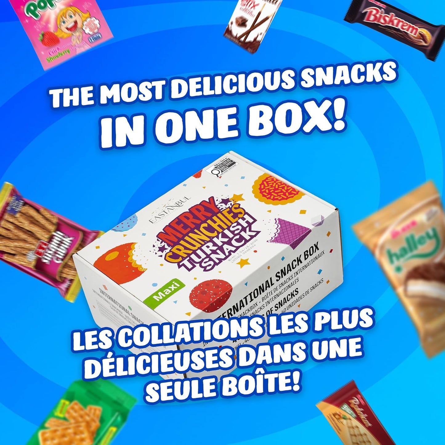 Eastanbul International Snack Box, Premium 40 Full-Size Foreign Snack Box, From Around The World International, Sweet, Savory, Chewy, Crunchy, Gift for Christmas