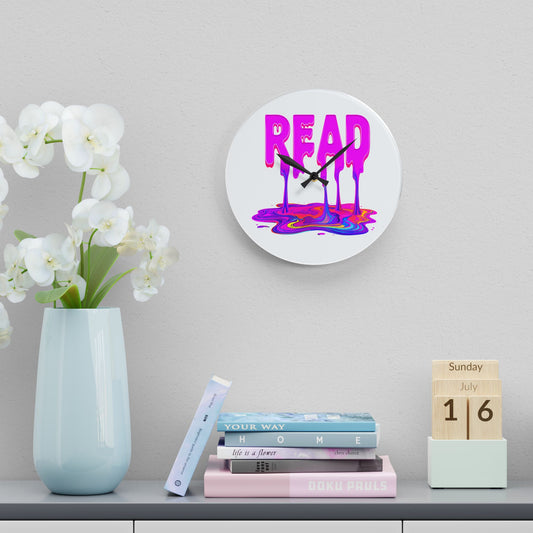 Acrylic Wall Clock — "READ" Drippy Neon Melt Art Clock for Book Lovers