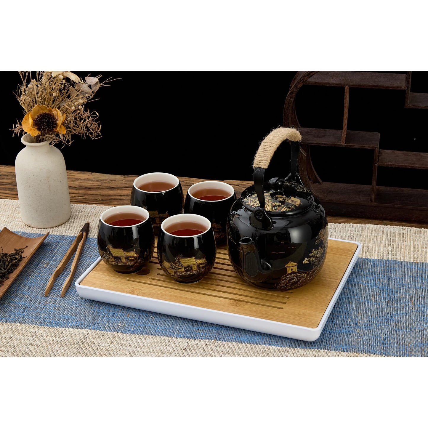Service à Thé Japonais Dujust, Service à Thé en Porcelaine Noire avec 1 Théière, 6 Tasses à Thé, 1 Plateau de Service, 1 Infuseur en Acier Inoxydable, Magnifique Service à Thé Asiatique pour les Amateurs de Thé/Femmes/Hommes (Campagne Dorée)