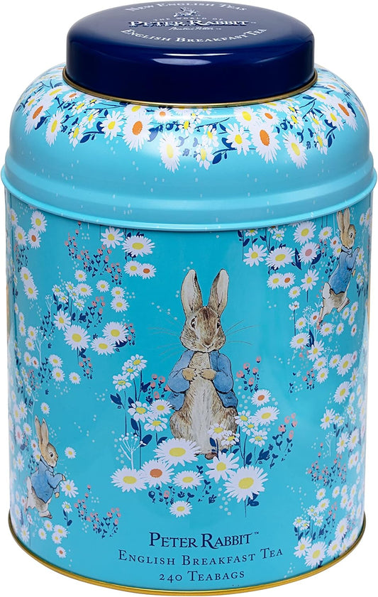 New English Teas Peter Rabbit Large Round Tea Tin – Daisies Design, Featuring 240 English Breakfast Teabags, Ideal Gift for Easter