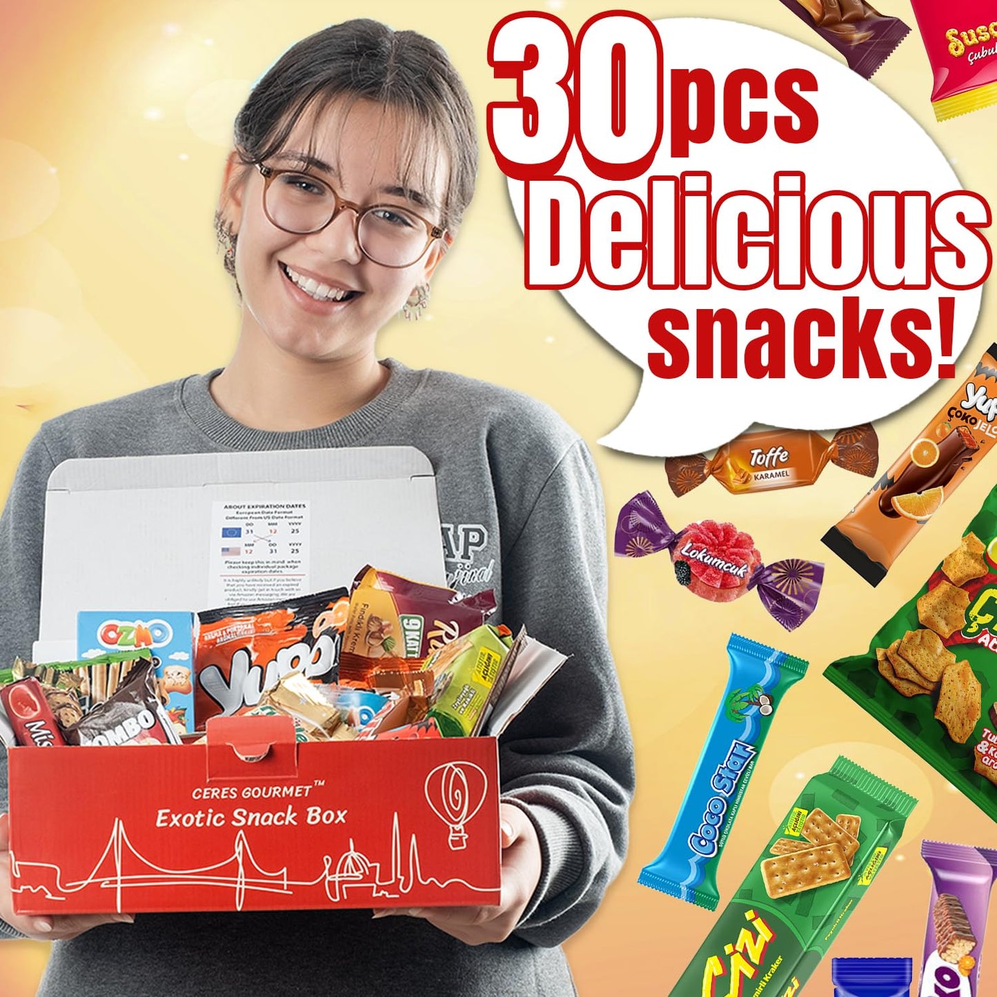 Exotic International Snack Box, 30-Piece Assortment of Snacks from Around the World |Office Snacking, Mystery Foreign Candy & Treats, Snacks Variety Pack for Adults, Kids, College and Students (Maxi)