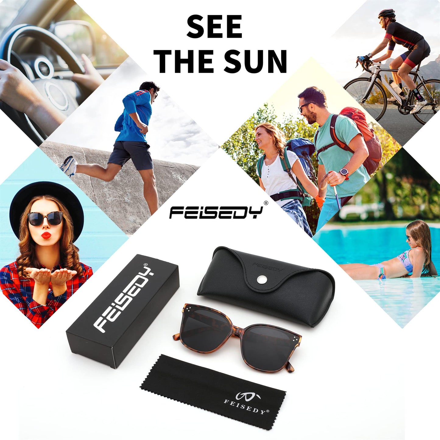 FEISEDY Lunettes de soleil polarisées carrées surdimensionnées rétro pour femmes et hommes, style minimaliste B2600