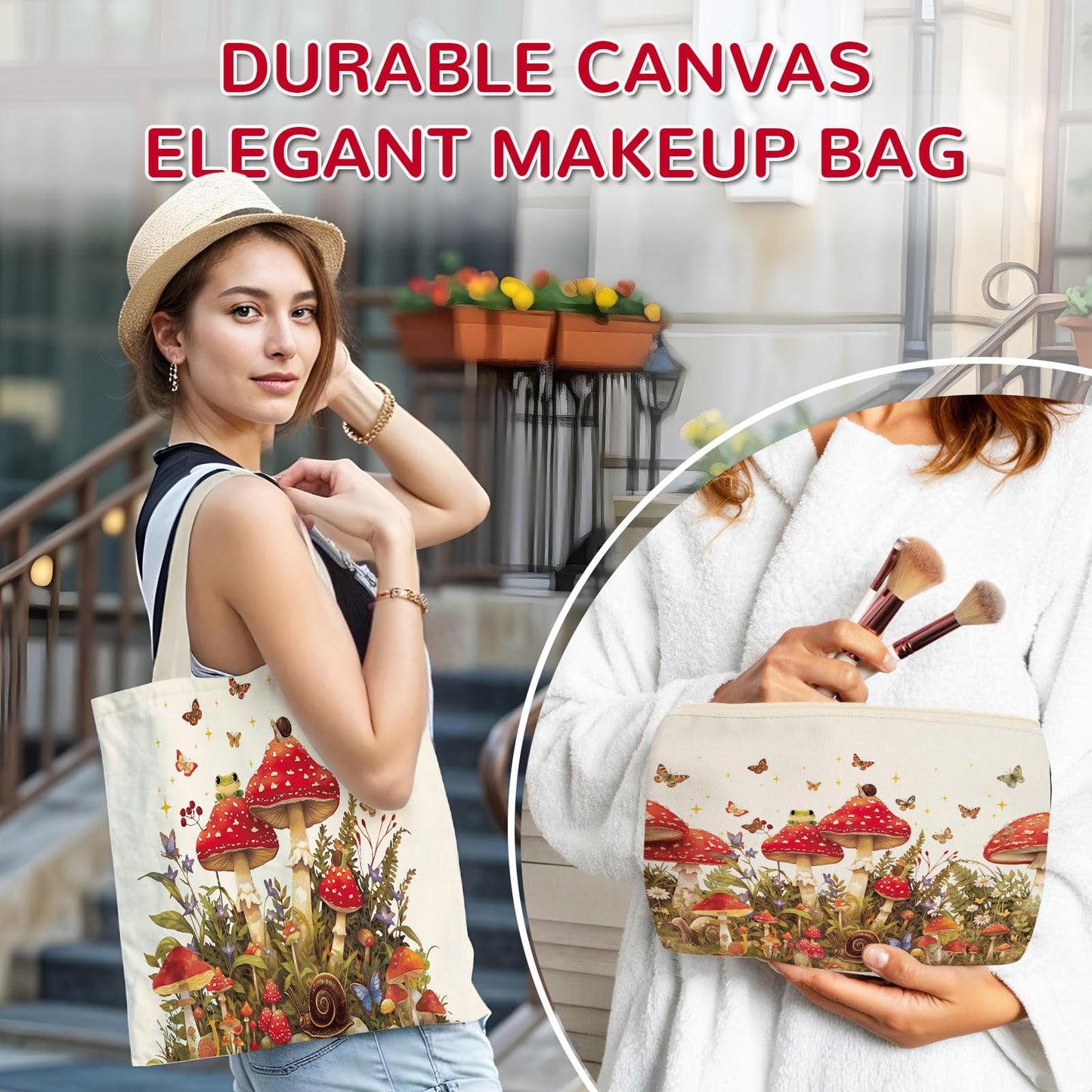 Wazzio Aesthetic Lot de 2 Sacs Fourre-Tout en Toile avec Trousse de Maquillage, Sacs de Courses Réutilisables pour le Shopping, la Salle de Sport, les Voyages, le Travail, les Vacances