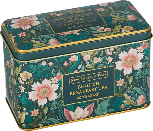 New English Teas Victorian Garden Tea Tin with 40 English Breakfast Teabags, Inspired by Embroidery & Textile Styles