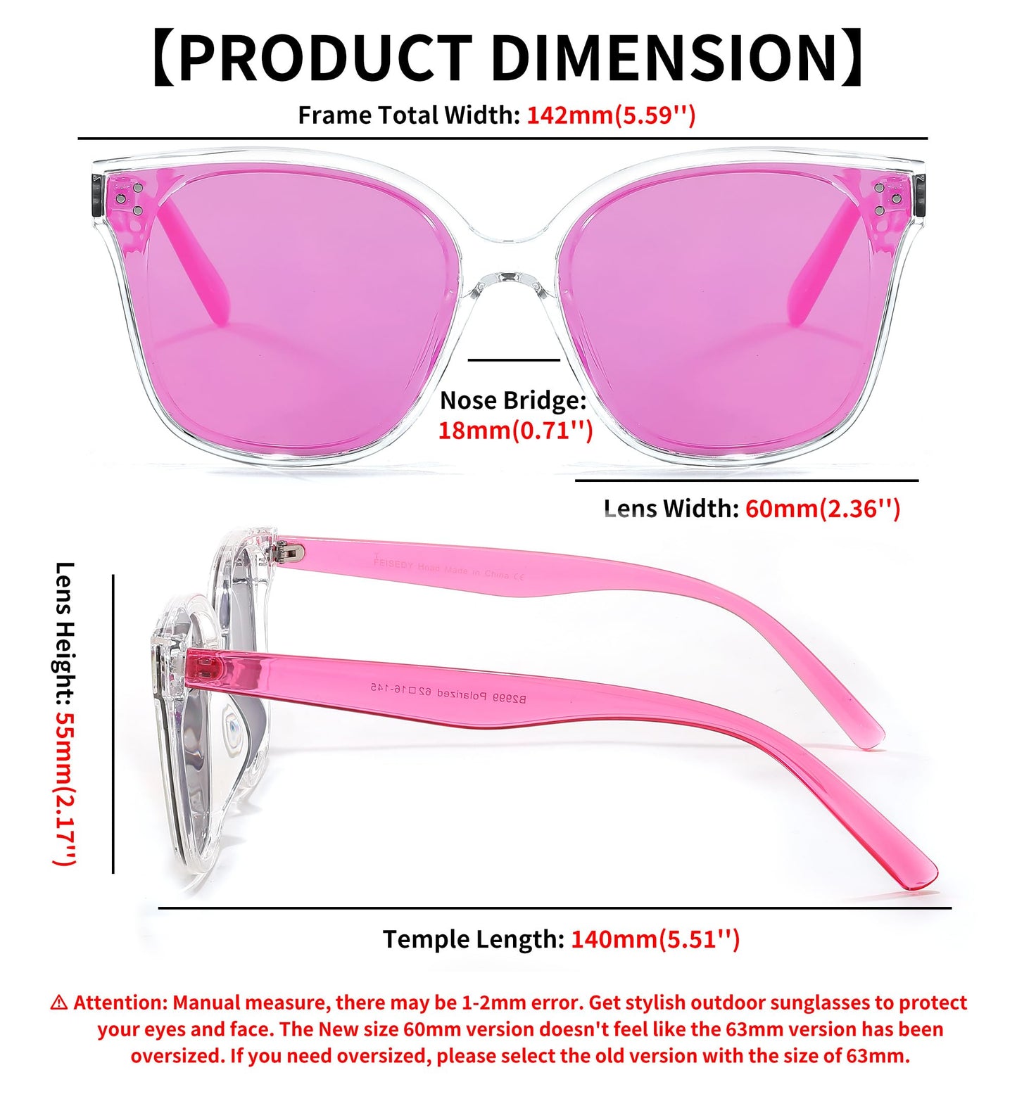 FEISEDY Lunettes de soleil polarisées carrées surdimensionnées rétro pour femmes et hommes, style minimaliste B2600