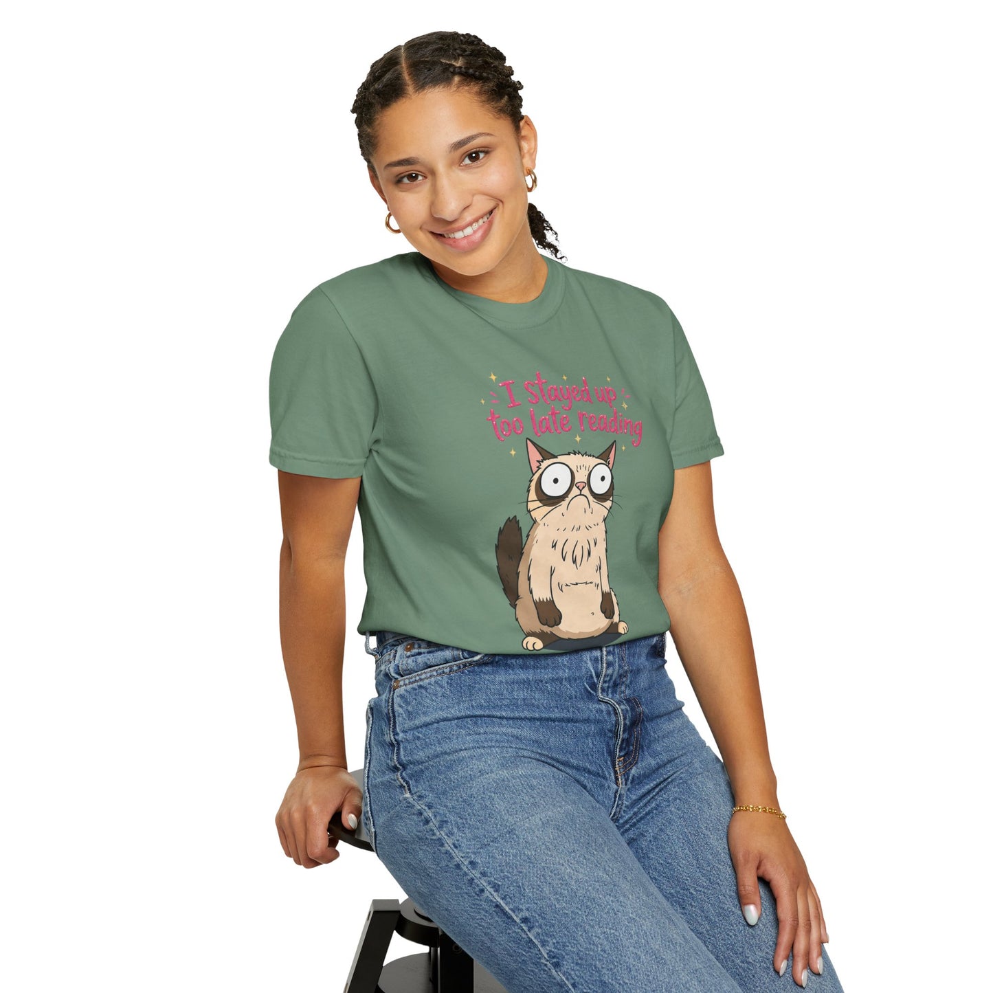 "I Stayed Up Too Late Reading" Cat T-Shirt — Cute Book Lover Graphic Tee